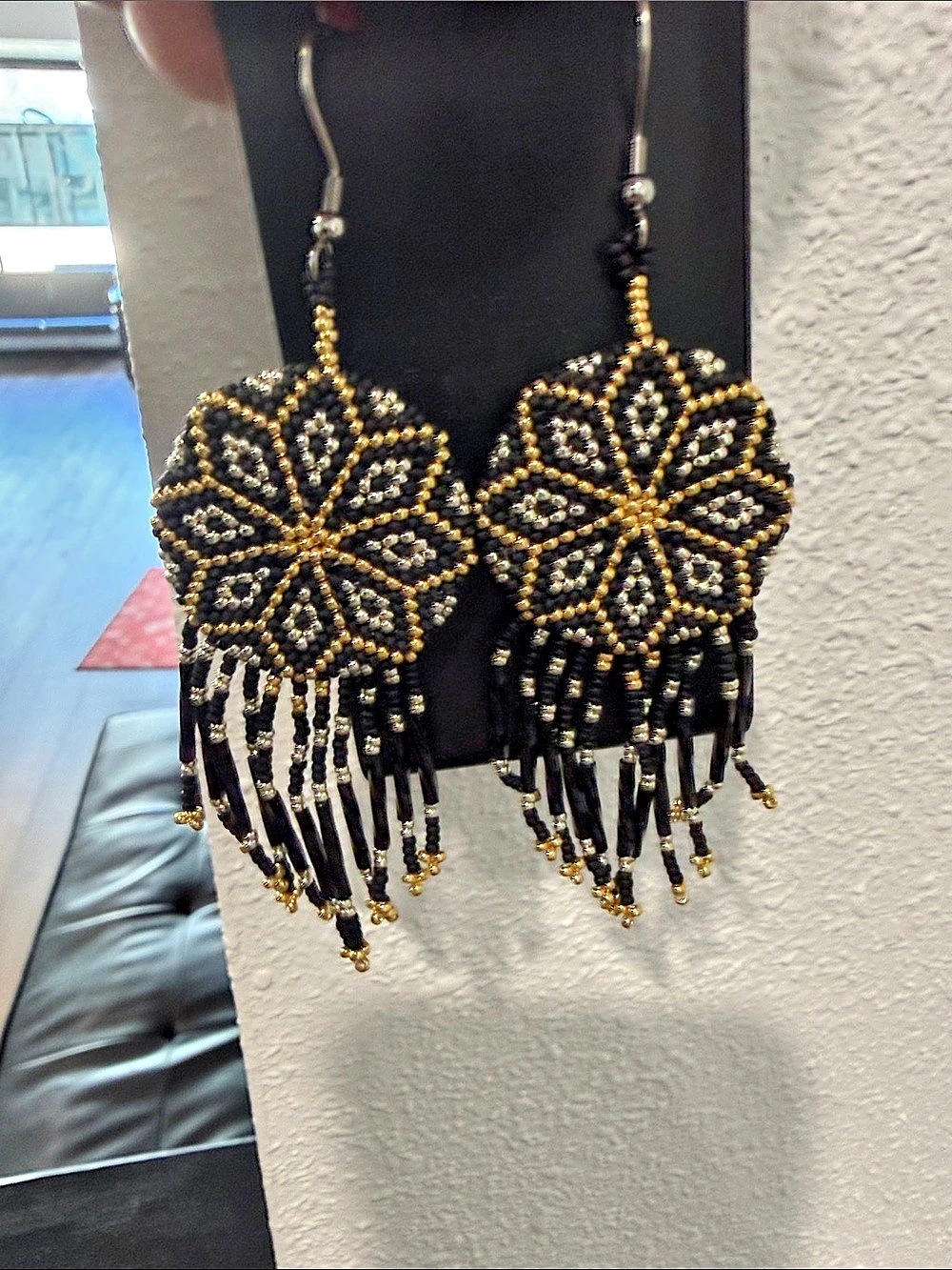 Black & Gold hand Beaded Fringe Earrings